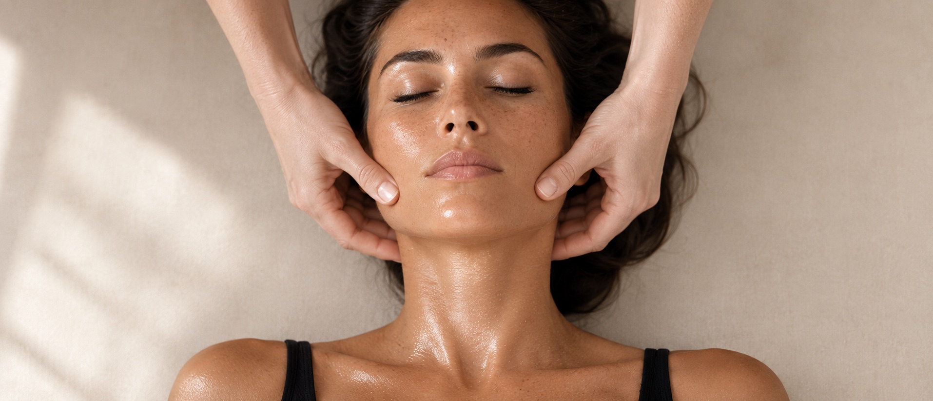 Overhead view of a client on the treatment table, the practitioner’s thumbs pressing at the jaw muscle on both sides