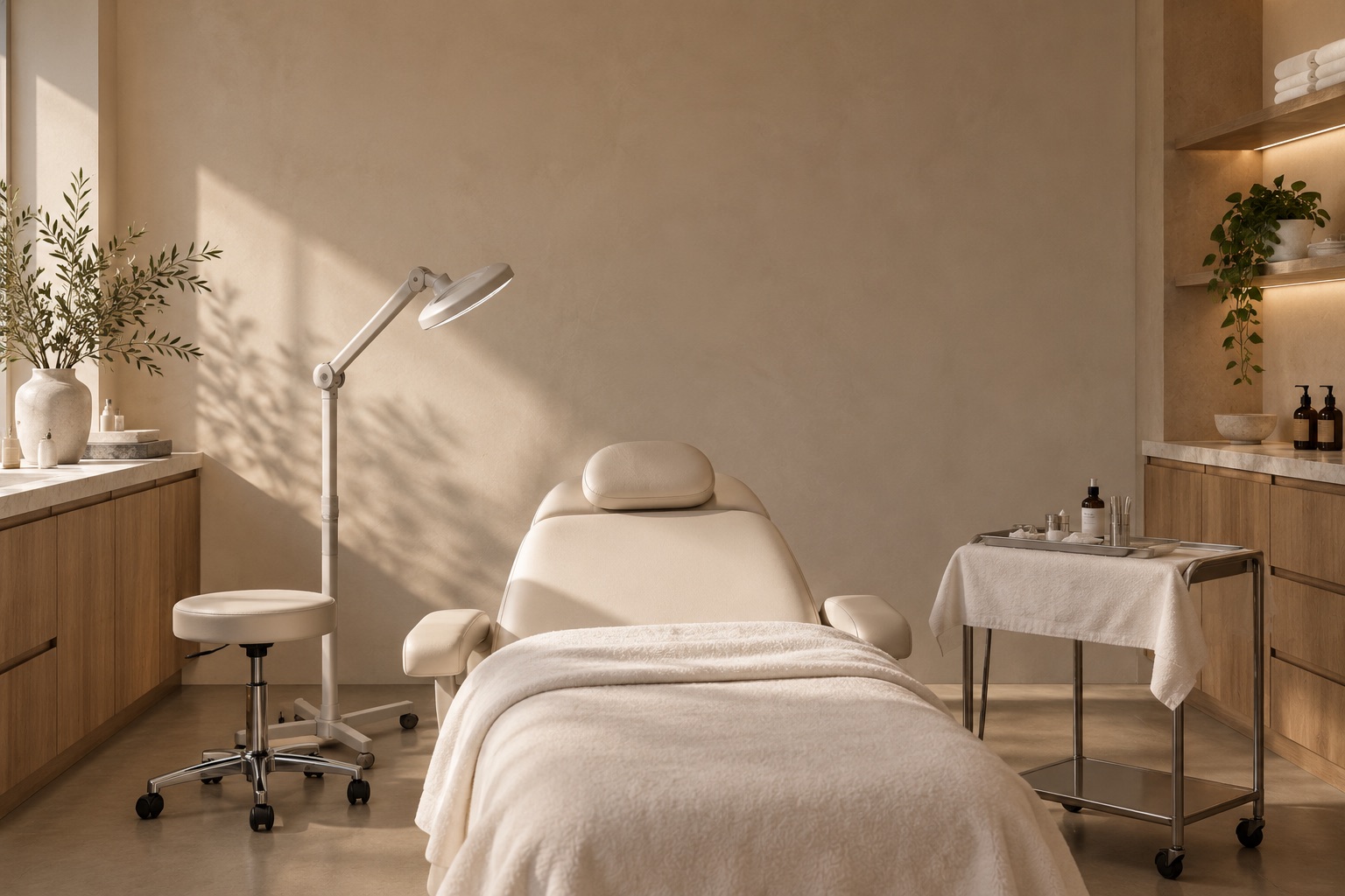 A treatment room laid out before a session, chair reclined and tray covered
