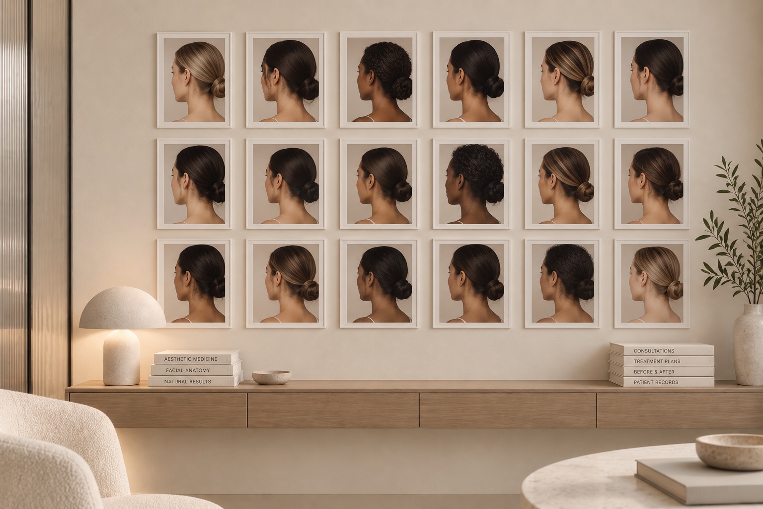A wall of baseline photographs in a consulting room, faces turned away from the lens
