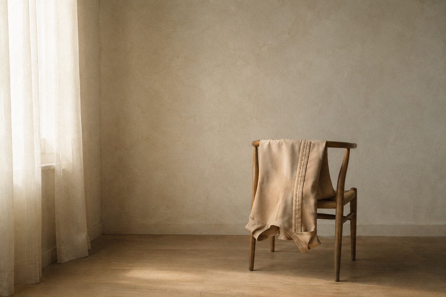 A single water glass on a greige ground casting a long shadow