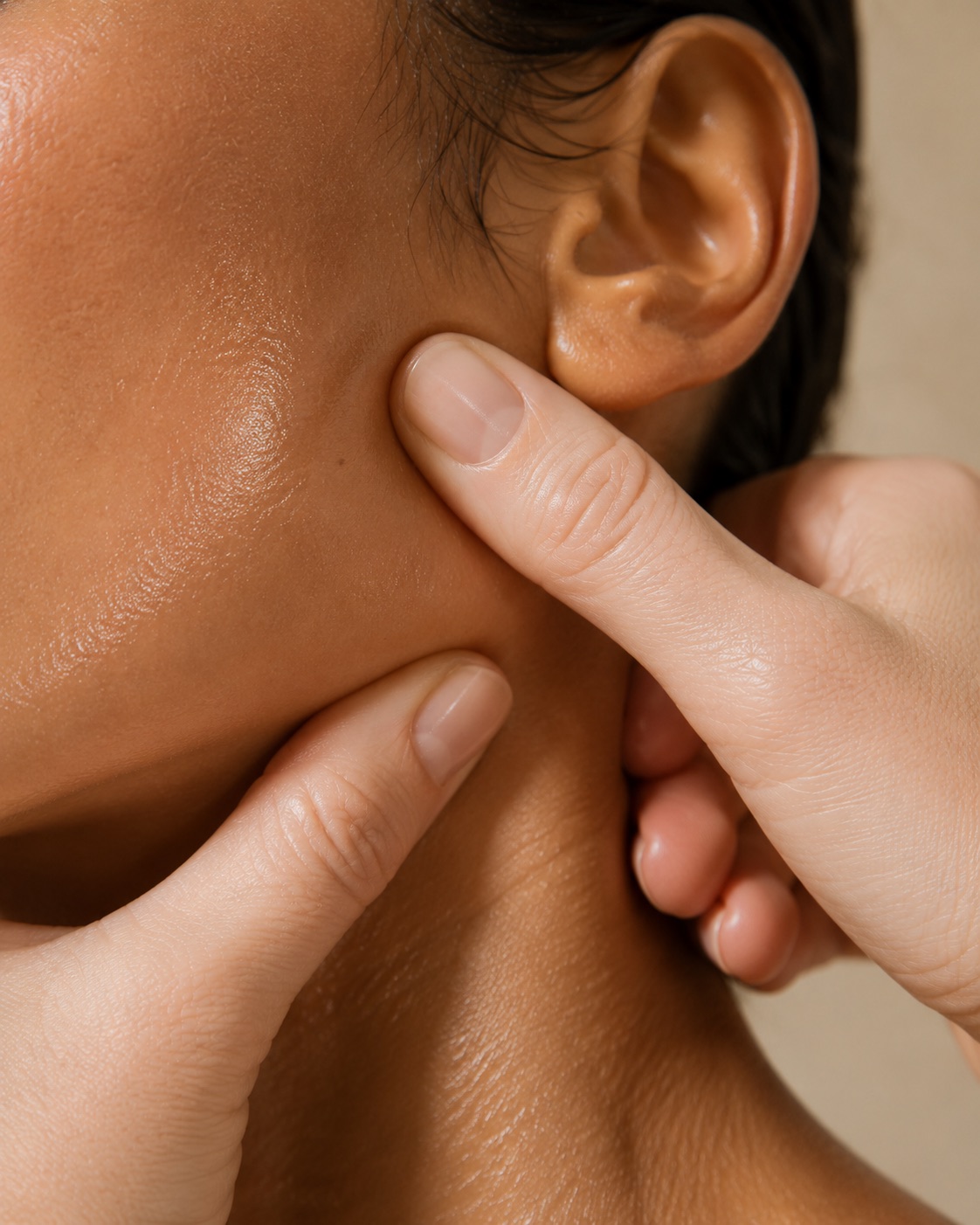 Close macro of fingertip pressure at the jaw muscle just in front of the ear
