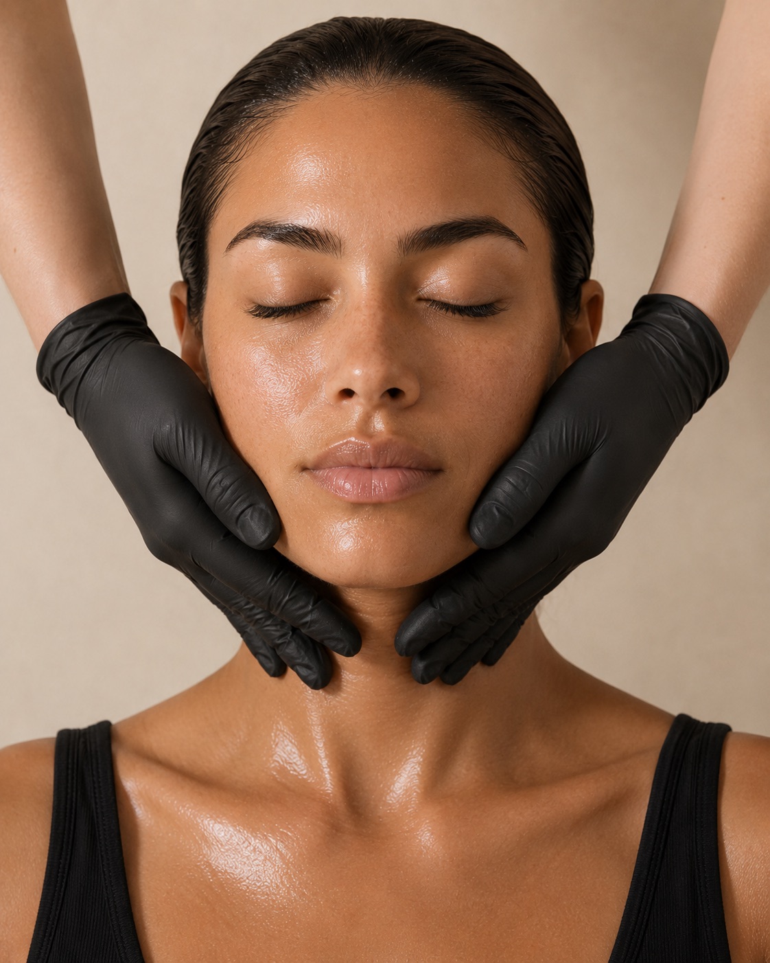 Gloved hands cupping a client’s cheeks from either side, eyes and mouth closed