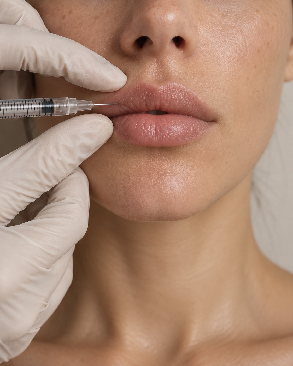Gloved hands steadying the upper lip, a syringe held parallel to the lip border
