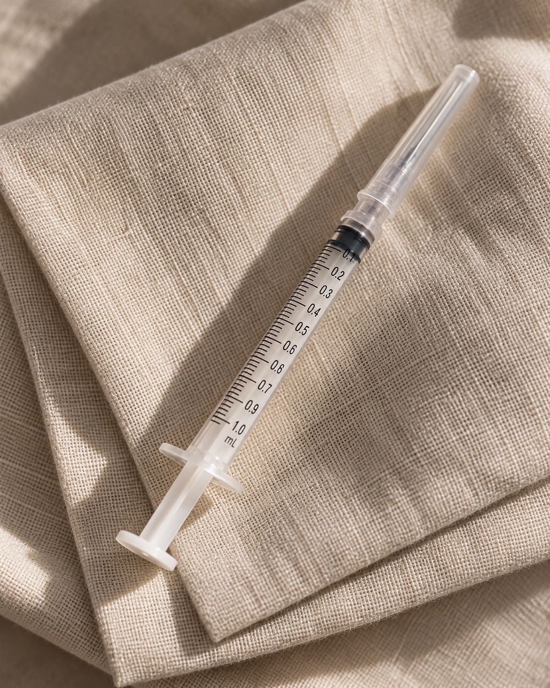 A single graduated syringe, needle capped, resting on a folded linen cloth