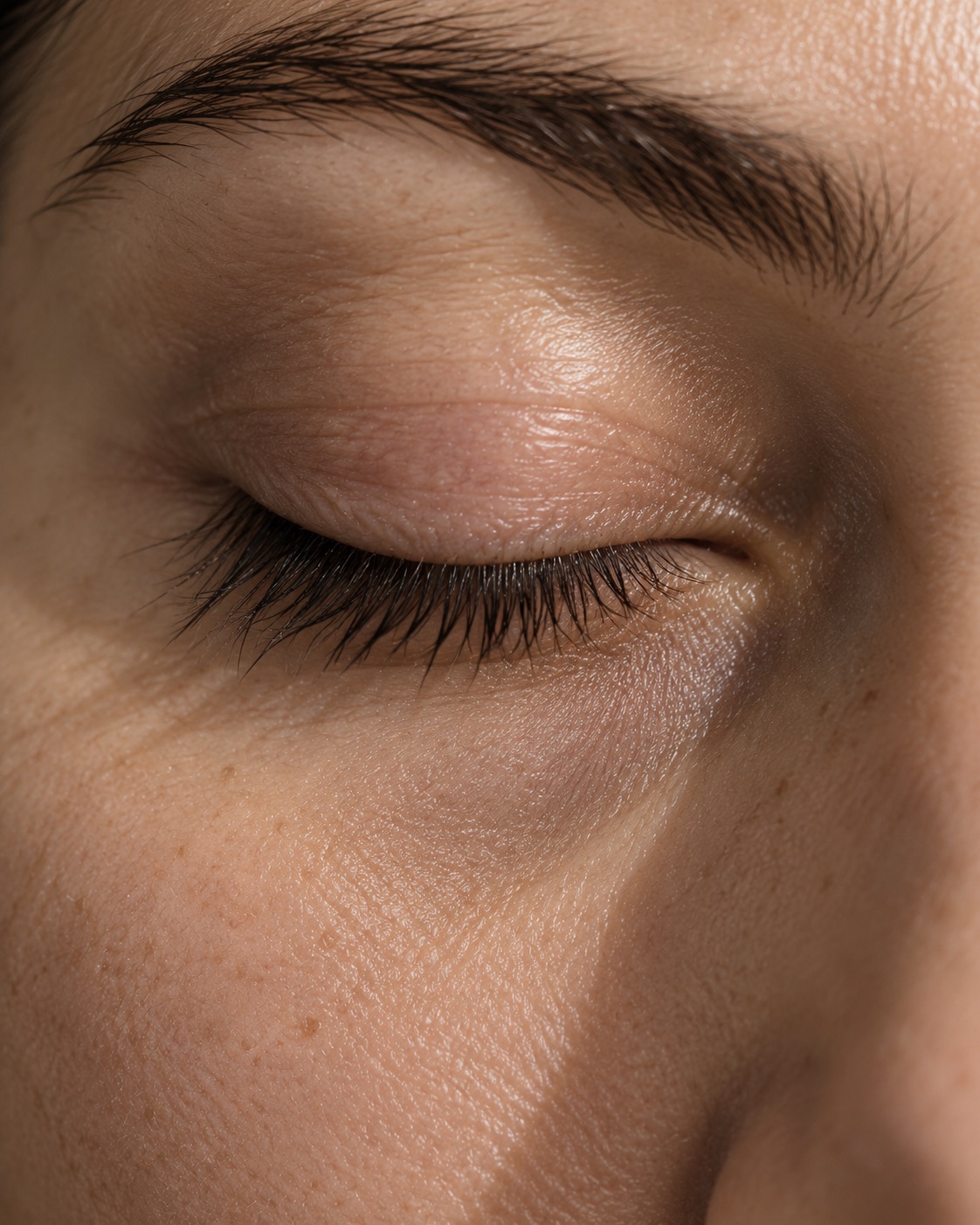 A closed eye in soft side light, the hollow beneath it in shadow