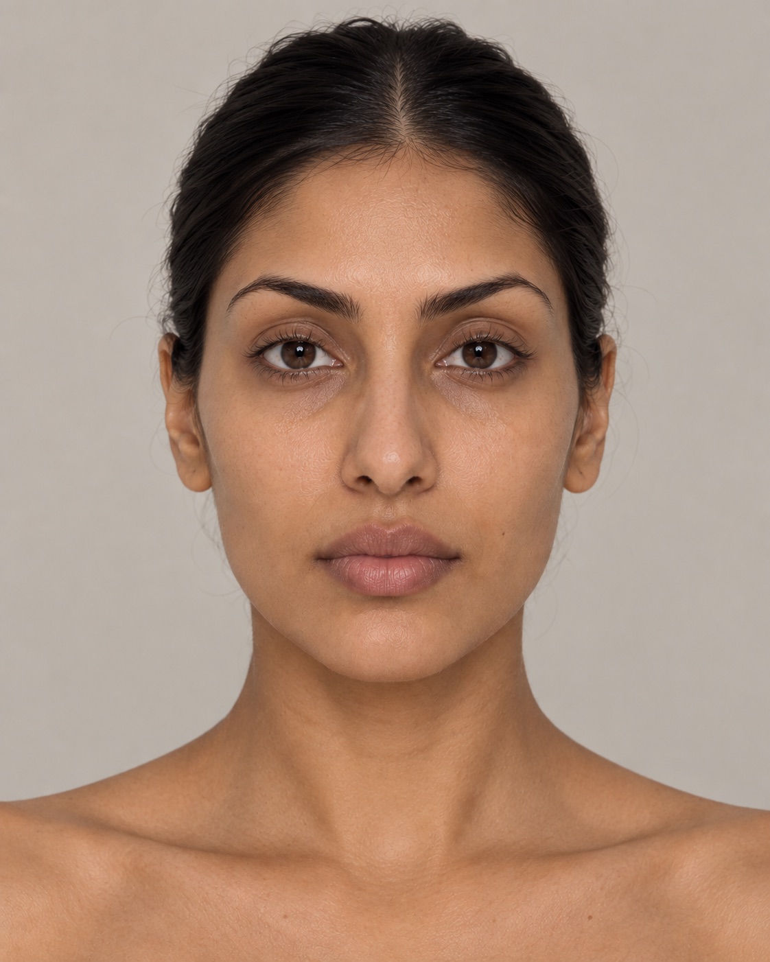 A face photographed straight on against a plain ground, unmade-up, for assessment