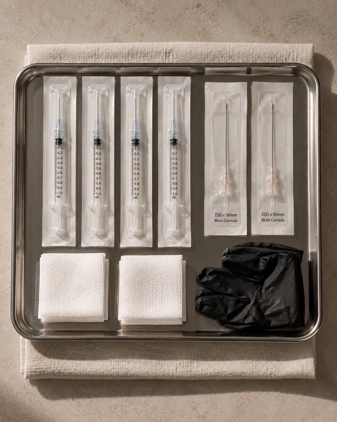 A tray laid out before a session, syringes and cannulas still sealed