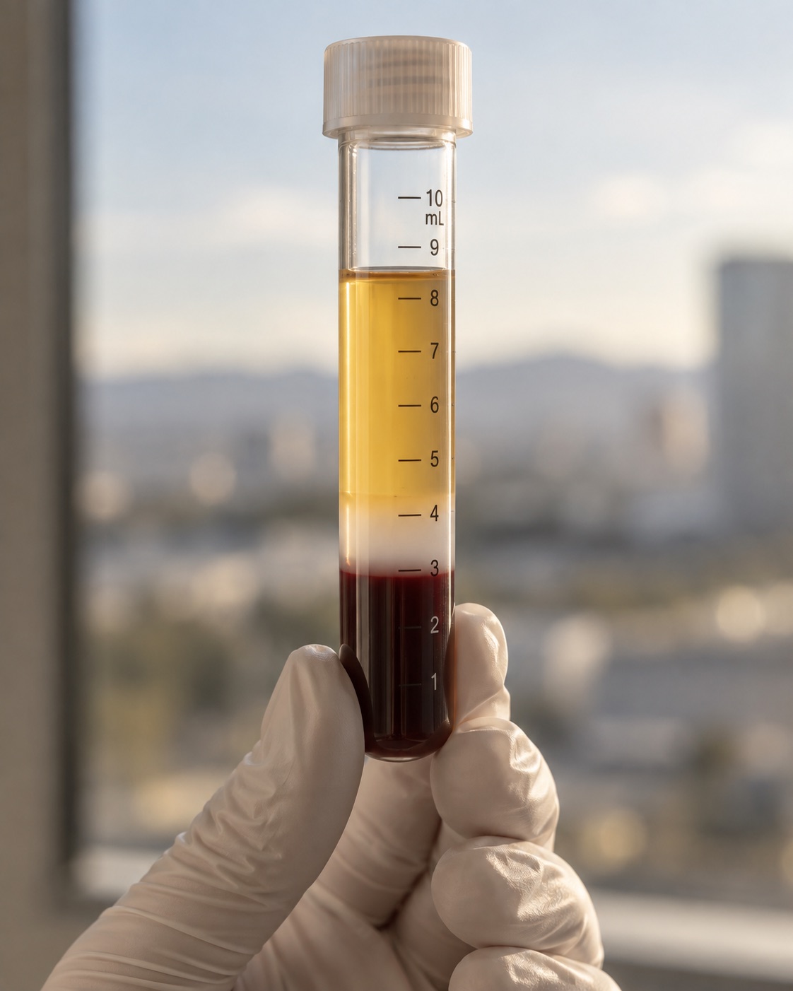 A centrifuge tube held to the light, the separated layers visible