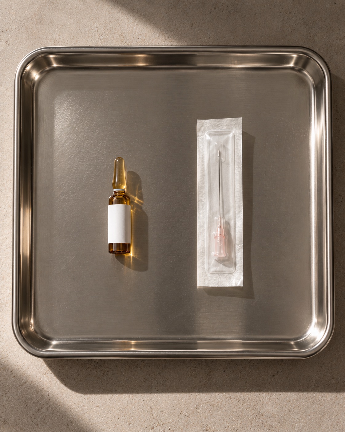 A single vial and a fine needle on a clean steel tray